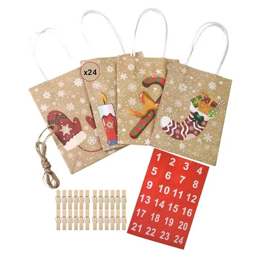 Geschenktüten aus Kraftpapier für Adventskalender – inkl. Sticker 1-24, 3m Paketschnur, 24 Holzklammern (35x7mm), 2 Designs – Perfekt für Weihnachten & Geschenke 24
