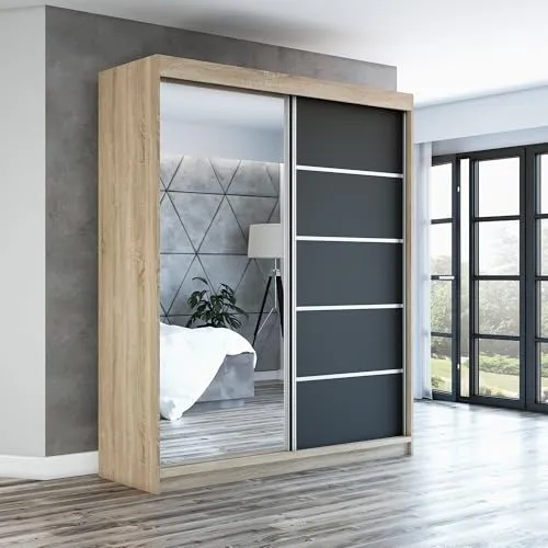 Schwebetürenschrank GAP, 2-türig mit Spiegel - Moderne Schwebetürenschränke mit hochwertiger Laminatplatte und leichtgängigen Schiebetüren. Ideal für stilvolle Räume, bietet viel Stauraum und eine elegante Spiegeloberfläche.