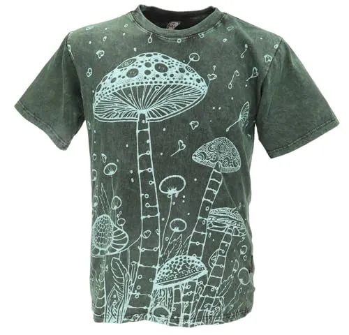 GURU SHOP Tibet & Buddhist Art T-Shirt, Pilz Stonewash T-Shirt - Grün, Herren, Baumwolle, Size:XL