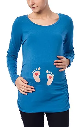 Fußabdrücke Baby mit Herz - Trendiges Umstandsshirt Dunkelblau - Stylisches Schwangerschaftsshirt mit seitlichen Raffungen für optimalen Tragekomfort. Langarm, Rundhals-Ausschnitt und witziges Motiv für werdende Mamas. Material: 95% Baumwolle, 5% Elasthan.