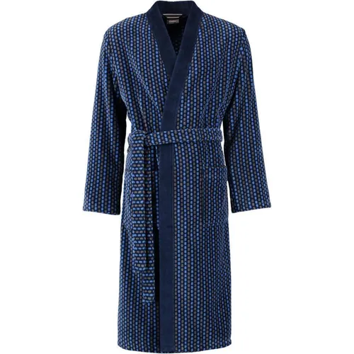 Cawö Herren Velours Bademantel - Herren-Bademantel aus 100% Baumwolle, wadenlang mit modischem Kimono-Kragen und Gürtel. Ideal für entspannte Momente in stilvollem blau/grau.