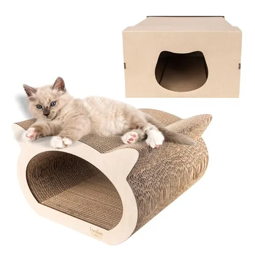 Creative Pets Katzen Kratzbrett - 2in1 Kratzbaum & Katzenhaus - Kratzpads für Katzen, robust aus verstärkter Pappe & Sperrholz, ideal für Krallenpflege und als gemütlicher Rückzugsort für Ihre Katze. Hergestellt in der EU mit umweltfreundlichen Materialien.