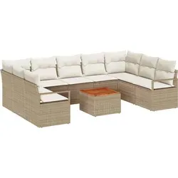 vidaXL Garten-Sofa-Set 10 pcs Beige, weiß - Modulares Gartenmöbel-Set aus langlebigem PE-Rattan und Akazienholz mit Stauraum für Kissen. Ideal für Gärten und Terrassen, bietet Komfort und Stil für jede Outdoor-Veranstaltung.