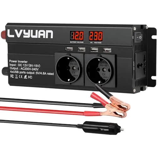 LVYUAN Wechselrichter 12V 230V 2000W Spannungswandler mit 3 Steckdose und 4 USB LED Spannungsanzeige Inverter