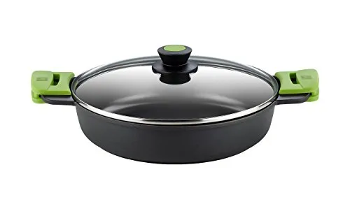 BRA Prior | Niedriger Kochtopf mit Glasdeckel und Silikongriffen, geeignet für alle Herdarten inklusive Induktion und Backofen, 28 cm