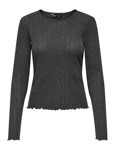 ONLY Damen Einfarbiges Langarm Shirt Basic Rundhals Rollkanten Top Longsleeve Oberteil ONLCARLOTTA, Farben:Dunkelgrau, Größe:S