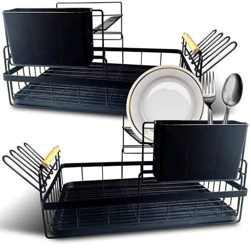 Retoo Geschirr Abtropfständer Geschirrabtropfer Drip Tropfschale Geschirrabtropfgestell Besteckhalte Besteckständer mit Herausnehmbarem Tablett 44 x 42 x 26.5 cm Schwarz