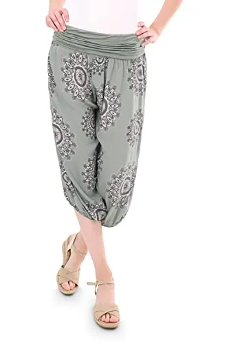 Malito - Haremshose Capri Damen Orient Print aus Baumwolle - Stoffhose elastischer Bund - Kurze Hippie Hose für Strand & Alltag - Aladinhose/Pumphose für Frauen 7196 (Größe: 34-42 Oliv)