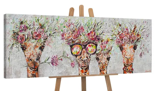 YS-Art Gemälde Giraffen, Tierbilder, Bunte Giraffen Leinwand Bild Handgemalt Brille Braun Blumen