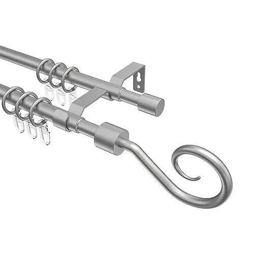 INTERDECO Gardinenstange ausziehbar 16/13 mm 2-läufig, Landhaus Teleskop-Vorhangstange aus Metall und Kunststoff, Silber-Grau, zur Wandmontage, Typ 12163221, 130-240 cm