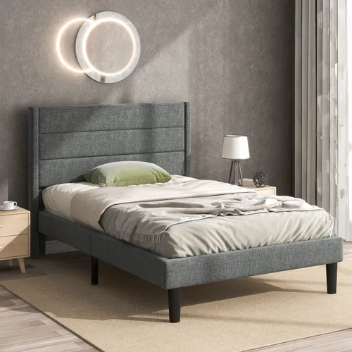 STILVORA Jugendbett 90x200cm Polsterbett mit Lattenrost und Kopfteil,Einzelbett mit Textilbezug Leinen,Grau(Ohne Matratze)