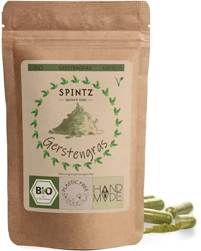 SPINTZ® 90 Stk. Bio Gerstengras Kapseln - 2700mg Bio Gerstengras Pulver je Tagesdosis - vegane Gerstengras Kapseln hochdosiert - | plastikfrei verpackt