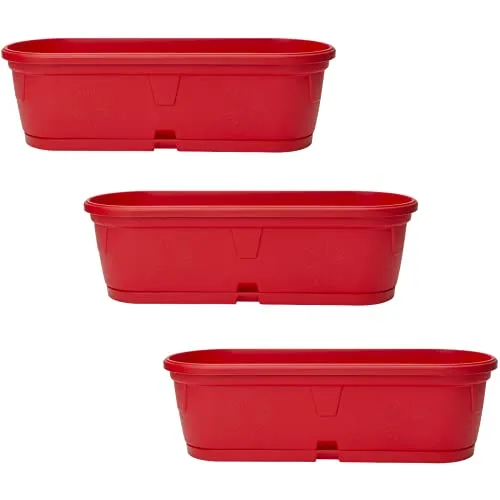 3X Pflanzkübel mit Untersetzer geeignet für Innen- und Außenbereich Kunststoff wetterfest Dekoration Balkon Büro Blumentopf länglich oval rot
