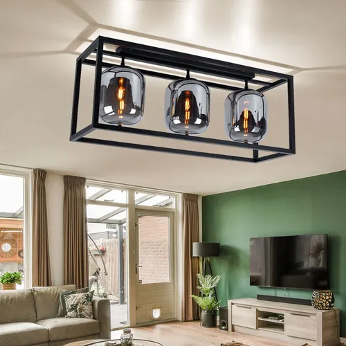 Moderne 3-flammige Deckenlampe mit rauchfarbenem Glasschirm - Lampen - Stilvolle Deckenleuchte aus Metall und Glas, 3 E14 Fassungen für individuelle Lichtgestaltung, ideal für Wohnzimmer und moderne Räume.