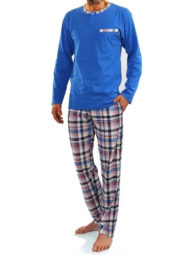 sesto senso Herren Schlafanzug Lang Pyjama 100% Baumwolle Langarm Shirt mit Tasche Pyjamahose Zweiteilig Set Nachtwäsche Blau Kariert M Jasiek 2243/09