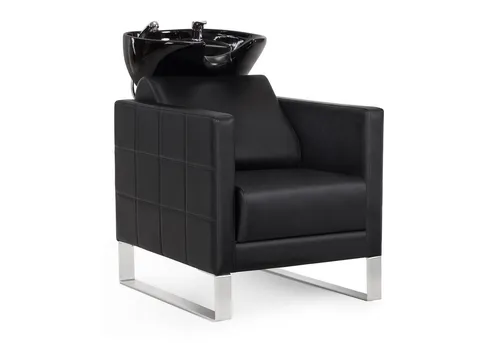 Verstellbarer Stuhl mit Waschbecken und Edelstahlbasis - Waschplatz 8611 (Schwarz/Kunstleder) - Haarschneider: Stabiler Stuhl mit flexibler Brause und korrosionsbeständigem Keramikwaschbecken, ideal für Friseursalons und einfache Pflege.