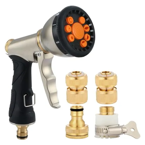 Fippy Metall Garten Handbrause Gartenschlauch Spritzpistole Hochdruck Garten Spritzpistolen mit 4 Messing Schnellkupplungen, für Pflanzenbewässerung, Auto- und Haustierwäsche