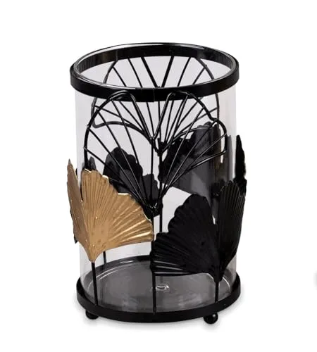 formano Windlicht Gingko Schwarz-Gold 16cm - Metall Kerzenhalter mit Glaseinsatz - Elegante Tischdeko - Wohnzimmer Beleuchtung - Geschenkidee
