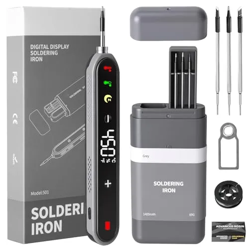 Lötkolben Set, 1400 mAh Akku Lötkolben, Soldering Iron Lötset Einstellbar Temperatur 180-450°C, 3 Lötspitzen, Tragbarer Lötkolben für Elektronik & DIY Elektrische Arbeiten