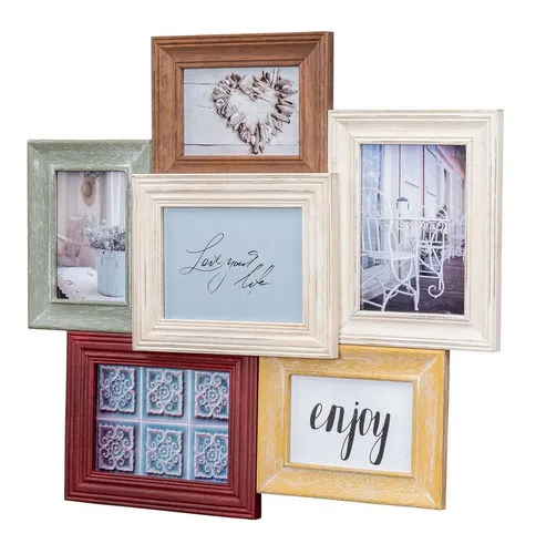 Levandeo® Bilderrahmen Collage 56x51cm - Antik Fotorahmen für 6 Fotos - Bilderrahmen Collage aus Echtholz im Shabby Chic Design, bietet Platz für 6 Fotos (3x10x15 und 3x13x18) und schützt Ihre Erinnerungen mit stabilen Glasscheiben.