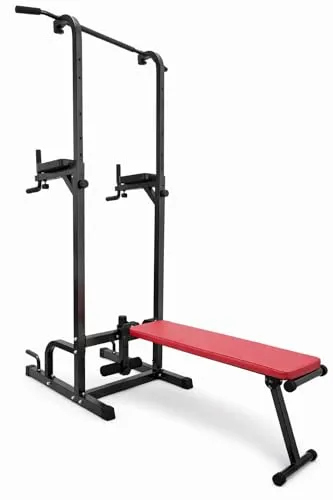 FLMD2163 Power Tower Dip Bar mit Hantelbank Klimmzugstange Trainingsstation Chin Up Sit Up Paar Parallele Multifunktionale Ausrüstung Home Gym Fitness Zuhause