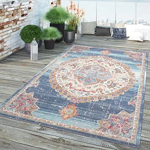 TT Home In-& Outdoor Teppich Küche Wohnzimmer Wetterfest Balkon Vintage Design Abstrakt, Farbe: Blau 4, Größe:60x100 cm