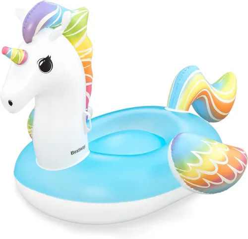 Bestway Schwimmtier Einhorn 224 x 164 cm - Wasserspielzeug für Erwachsene, buntes Regenbogen-Design mit robusten Haltegriffen, schnell aufgeblasen und leicht zu transportieren.