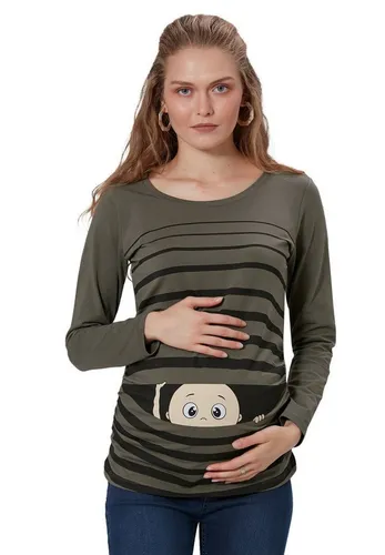M.M.C. Umstandsshirt Guck Guck - Lustiges Langarmshirt für Schwangere - Umstandsshirt-Sets mit witzigem Guck-Guck Motiv, ideal für schwangere Frauen. Seitliche Raffungen sorgen für eine perfekte Passform während der Schwangerschaft.