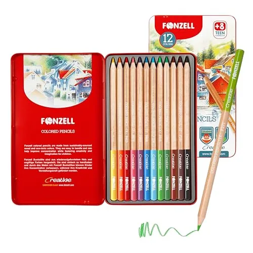 FONZELL Buntstifte 12 Farben – Radierbare Farbstifte in Metallbox, Bruchfeste Zeichenstifte für Skizzen, Farbstifte Set zum Zeichnen & Ausmalen