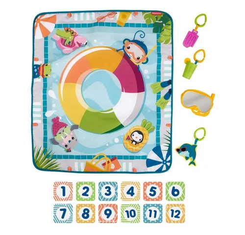 Fisher-Price® Plitsch-Platsch Spielmatte - Bunte Baby-Spieldecke mit 4 Spielzeugen für Spaß in der Bauchlage. Die Plitsch-Platsch Spielmatte fördert die Entdeckungslust mit freundlichen Tieren und einem tollen Schwimmreifendetail.