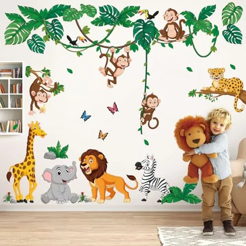 DECOWALL DS12-8069 Dschungel Tier Cartoon Wandsticker Kinder Wandtattoo Kinderzimmer Kinderzimmer Mädchen Junge Baby Baum Wald Wald Zuhause Löwe Tiger Affe