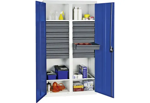 Werkzeugschrank B1000xT500xH1800 mm RAL 7035/5010 - Werkstatteinrichtung mit 14 Schubladen und 4 höhenverstellbaren Wannen, pulverbeschichtet und langlebig, ideal für alle betrieblichen Bereiche.