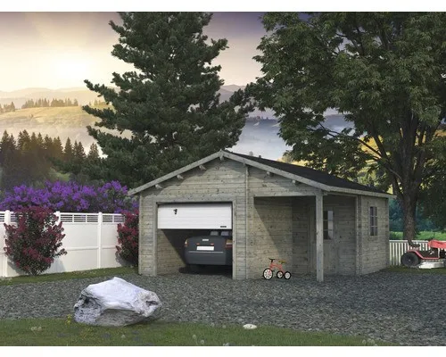 Einzelgarage Palmako Roger 21,9+5,2 m² mit Sektionaltor - Gartenhäuser, Geräteschuppen & Carports – Hochwertige Holzgarage mit Satteldach, ideal für Autos und Stauraum, in modernem Grau.