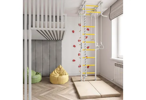 Jeflex Sprossenwand ClimbMaxx M1 – Weiß-Gelb - Turngeräte für Kinder mit Holztrapez, Klettertau, Strickleiter und 2 Turnringen – fördert die motorischen Fähigkeiten und sorgt für aktiven Spielspaß.