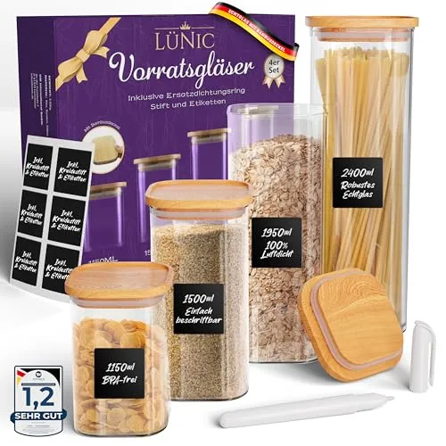 LÜNIC Vorratsgläser mit Bambusdeckel – Vorratsbehälter Glasbehälter Vorratsdosen Aufbewahrungsgläser eckig, luftdicht, stapelbar (4er Set - 4 verschiedene Größe)