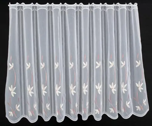Verdi Scheibengardine Blumenmuster Bestickt 80 cm hoch weiß rosé Natur - Wunschbreite frei wählbar durch gekaufte Menge in 15,5 cm Schritten - Meterware