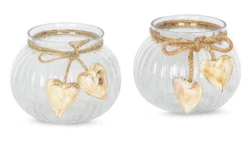 Levandeo® Teelichthalter 2er Set - Teelichthalter aus Glas, rund und gerillt, mit liebevollen Holzherzen, ideal für gemütliche Abende auf Tisch oder Kommode.