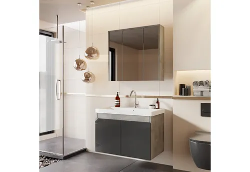 Karen Badmöbel-Set Badmöbel Set Alfa 50 Anthrazit, (Komplett-Set, 3-Teilig (Unterschrank, Spiegelschrank, Waschbecken), 3-St., Unterschrank mit Türen, Spiegelschrank mit Türen & Regalen), Retro-Stil, Front in Anthrazit, Softclose