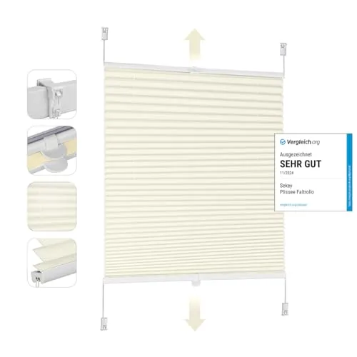 Sekey Plissee Klemmfix ohne Bohren 95x130cm Faltrollo Plisseerollo Jalousie für Tür & Fenster Blickdicht Sichtschutz Sonnenschutz Fertifplissee Rollo 95 cm breit Beige