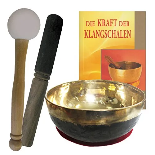 Klangschale Bengali gold-schwarz 5-teiliges Klangmassage-SET mit BUCH. Therapie-Qualität: KEHLKOPFSCHALE ca. 600-700g ca. 14-15 cm mit Kissen, Holz-Leder-Reibe- & Therapie-Klöppel. 70140