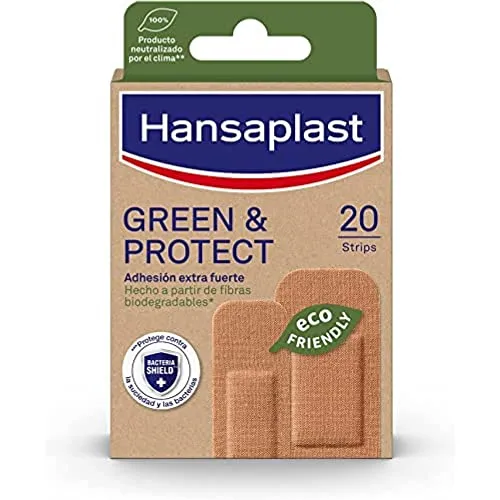 Hansaplast Green & Protect (20 Streifen), biologisch abbaubare Klebeverbände, Wundpflaster aus natürlichen Fasern, extra starke Wundkompressen