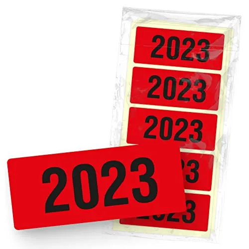 itenga 50x Jahresetiketten Ordner Inhaltsschild Jahreszahl I Aufkleber für Akten selbstklebend aus Haftpapier Rechteckig 6x2,5cm (Kalenderjahr 2023 rot)
