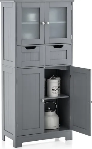 GOPLUS Badezimmerschrank mit Schubladen und verstellbaren Regalen, 60 x 30 x 128 cm (Grau)
