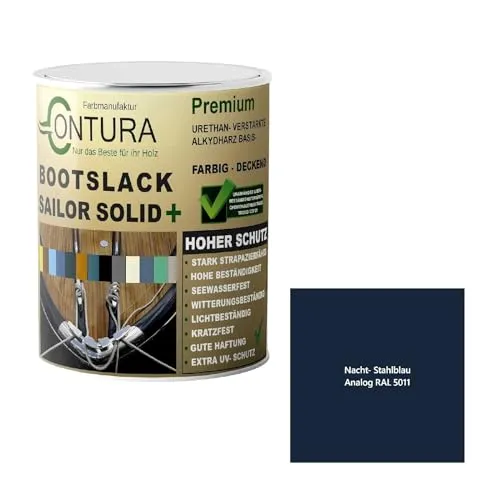 Contura Bootslack Farbig GLÄNZEND Yacht- Buntlack Metall Holz GFK Holzlack Boot Farblos (Stahlblau - RAL 5011 Analog, 2,5 Liter)