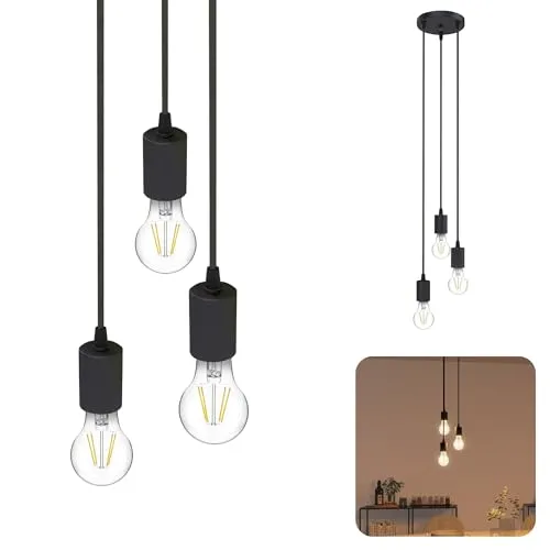 SSC-LUXon PARU Hängeleuchte 3 flammig schwarz rund inkl. E27 LED Lampen warmweiß - schlichte Pendellampe Textilkabel höhenverstellbar