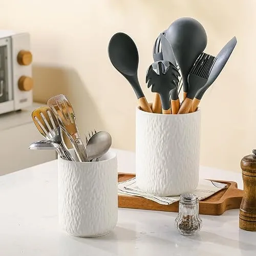 Ganwu Küchenutensilien Halter Set von 2, Keramik Rock Textur Aufbewahrung Container, Arbeitsplatte Organizer für Besteck, Kochlöfel, Geschirrhalter für Küche Zähler Aufbewahrung (Weiß)