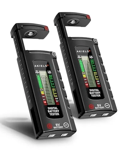 AKIELO+ Digitaler Batterietester (2er-Pack) mit LCD Anzeige – Universelles Batterieprüfgerät für alle Haushaltsbatterien