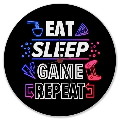speecheese Eat Sleep Game Repeat Zocker Wanduhr Uhr für Spieler und Konsolenspieler mit witzigem Spruch und Neonmotiv Dekoration für das Gamerzimmer