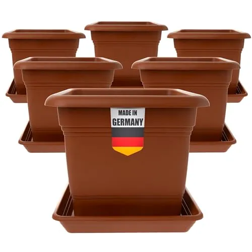 Blumentopf Gross Aussen 48cm mit Untersetzer, 6er Set Blumentöpfe Pflanzkübel GroÃŸ Aussen Terracotta, Pflanzentopf, Pflanzkübel Kunststoff, Blumenkübel Pflanztöpfe, Made in DE, Model: Marlene