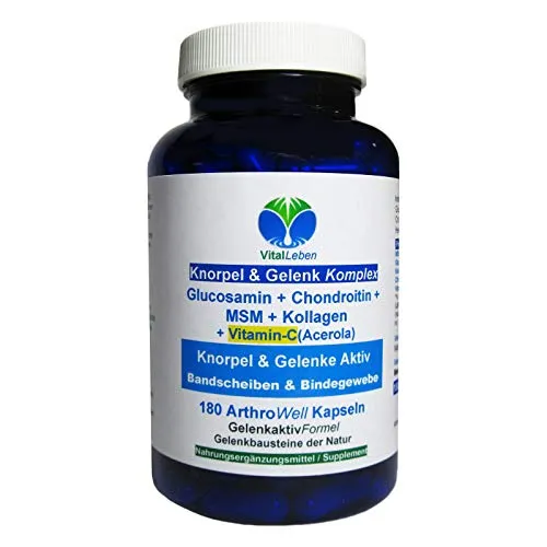Knorpel & Gelenke Komplex + Vitamin-C 180 ArthroWell Gelenk-Kapseln – Natürliche Gelenkbausteine Glucosamin + Chondroitin + MSM + Kollagen. 26443